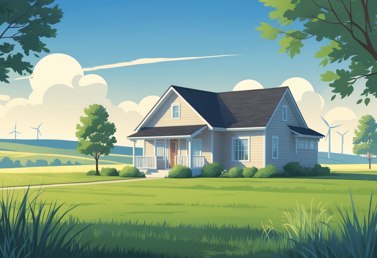 A family home in North Dakota with a well-kept lawn, native grasses, trees, rolling hills, and a wind farm in the distance, symbolizing affordable homeowners insurance.