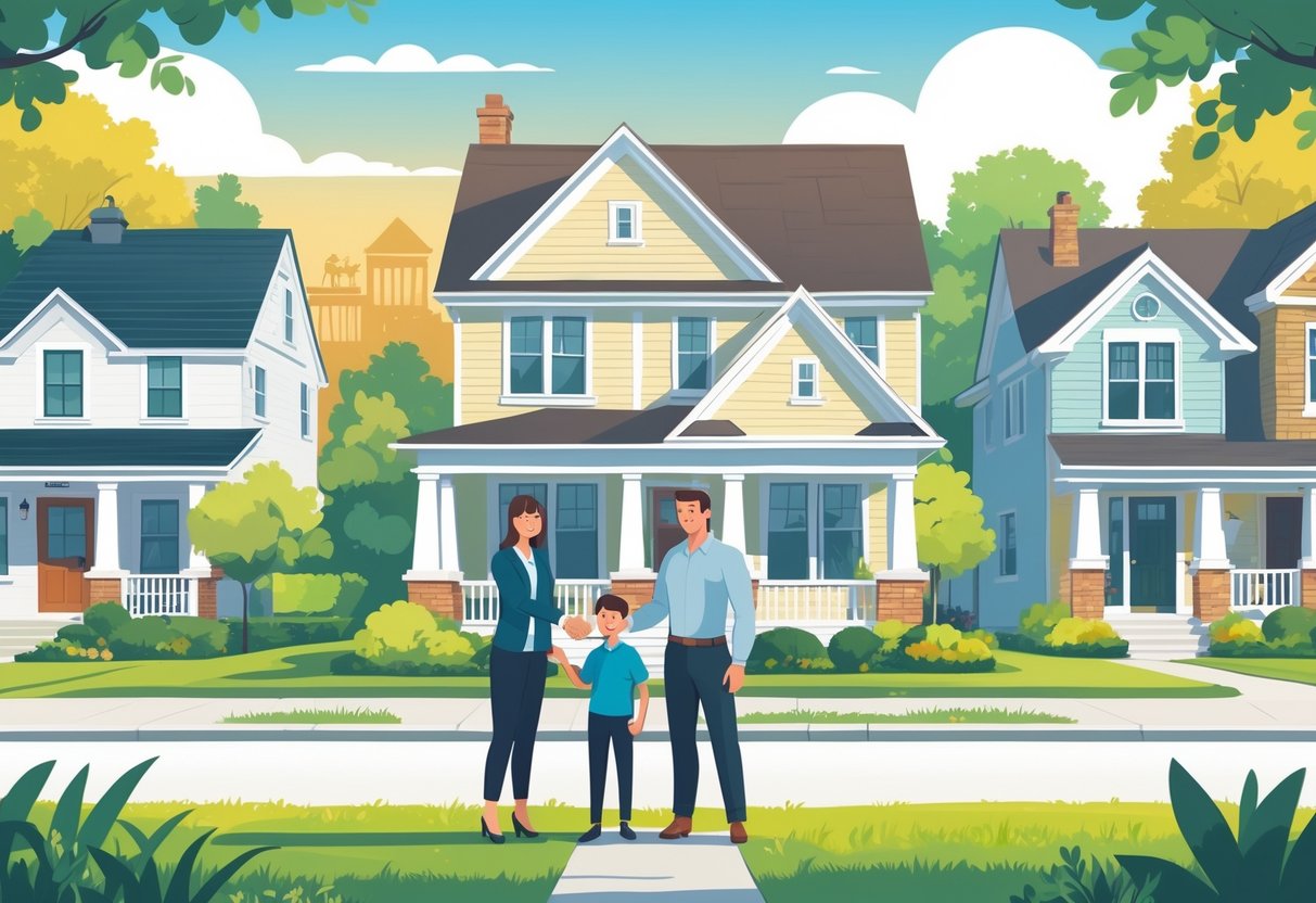 A family shaking hands with an insurance agent in front of their house in a friendly Ohio neighborhood with various homes and gentle hills in the background.