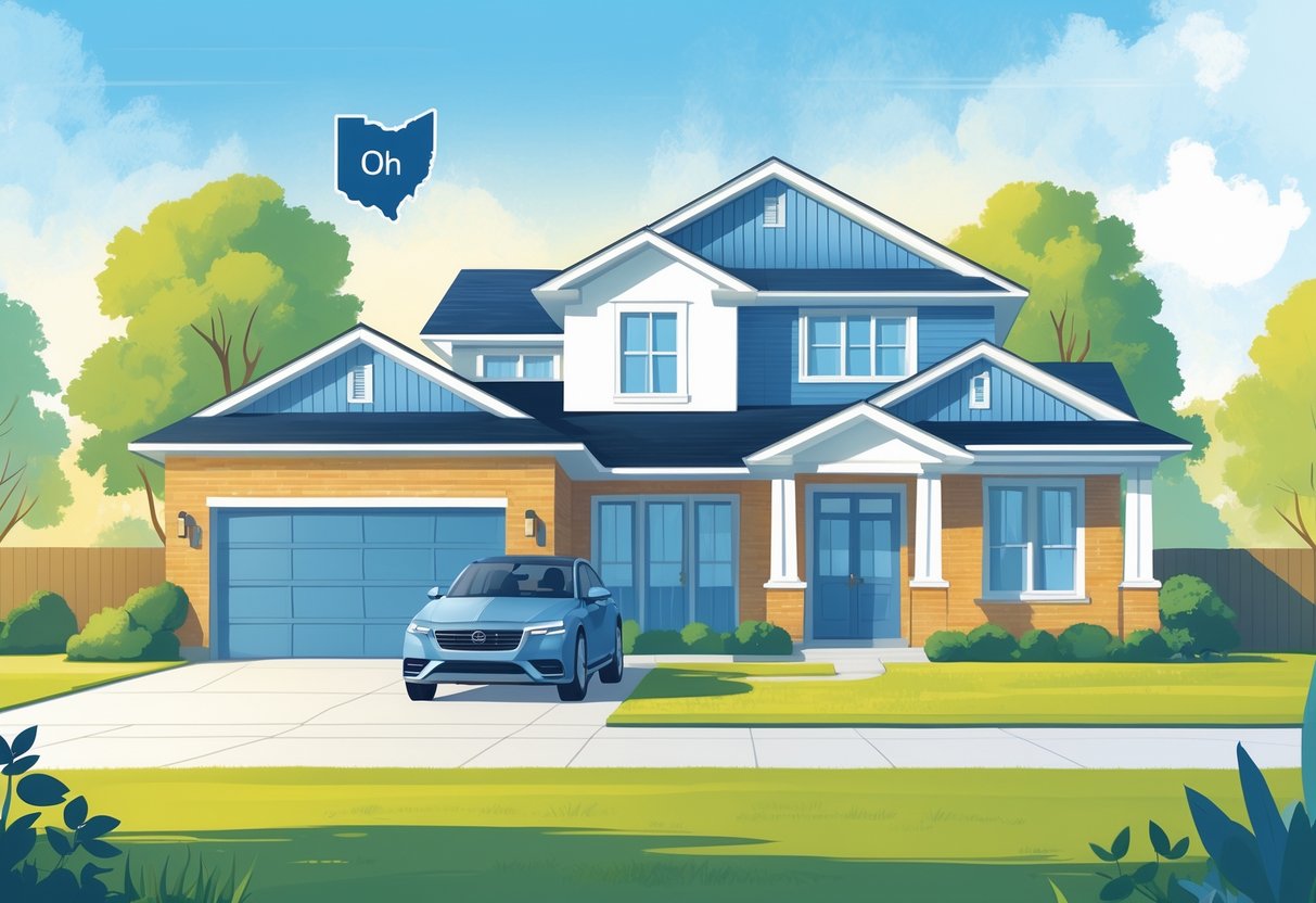 A suburban house with a car parked in the driveway under a clear sky, with subtle Ohio state symbols in the background.