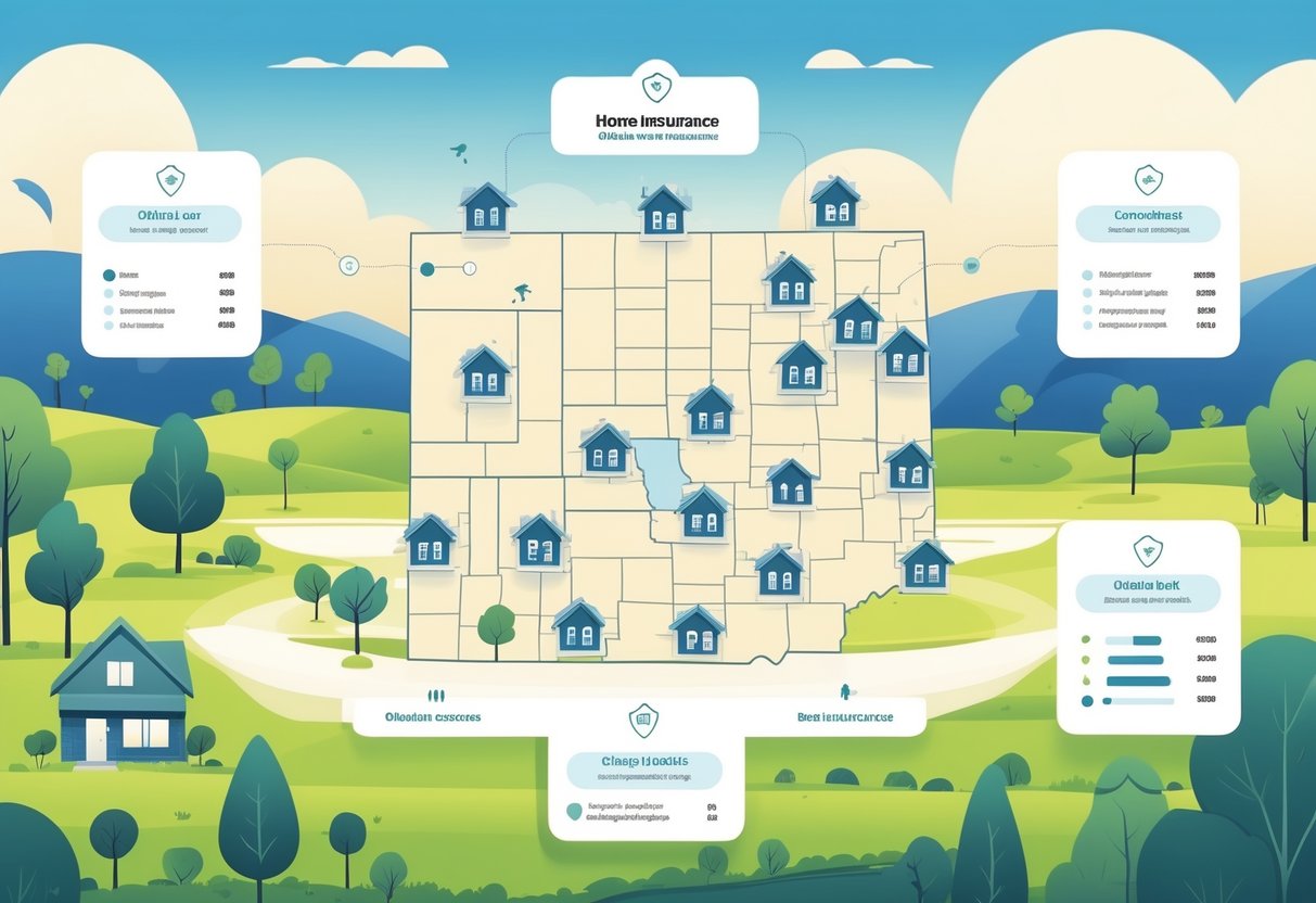 Illustration of a map of Oklahoma with homes and charts around it showing comparison of home insurance options.