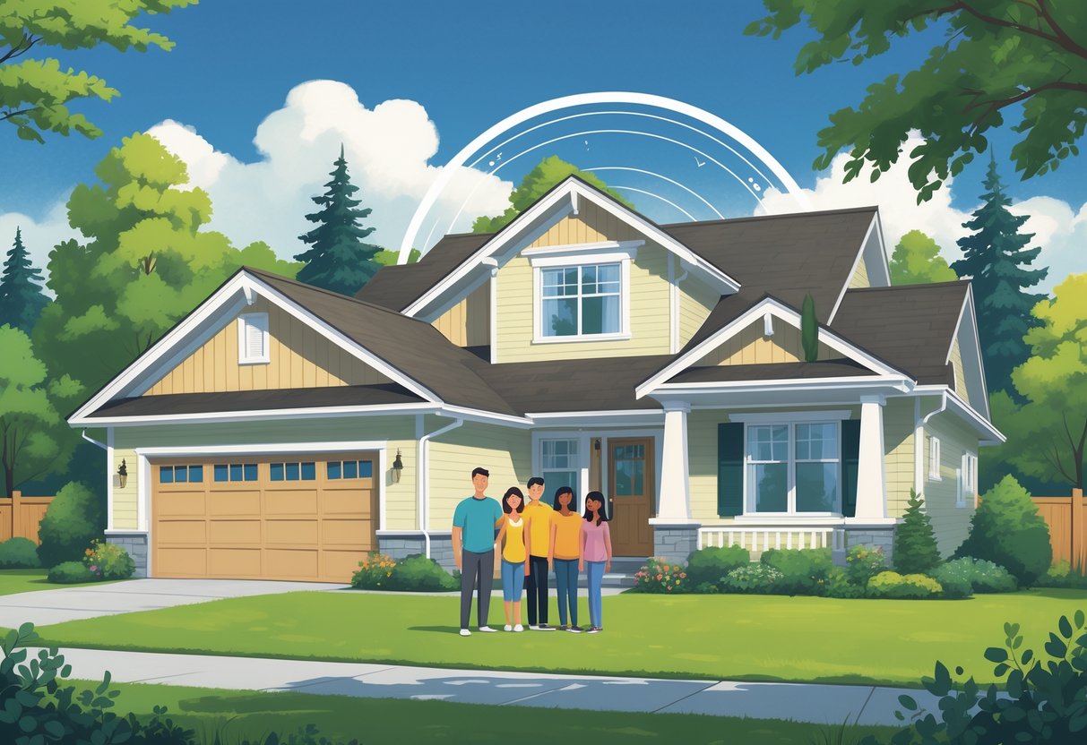 A family of four standing happily in front of a cozy suburban home surrounded by trees under a clear sky.