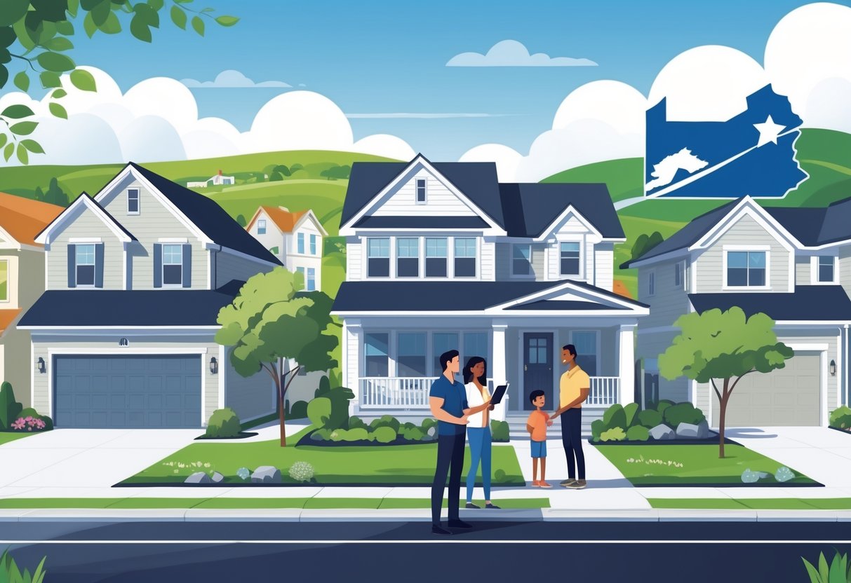 A family speaking with an insurance agent outside their home in a Pennsylvania neighborhood with houses and trees in the background.