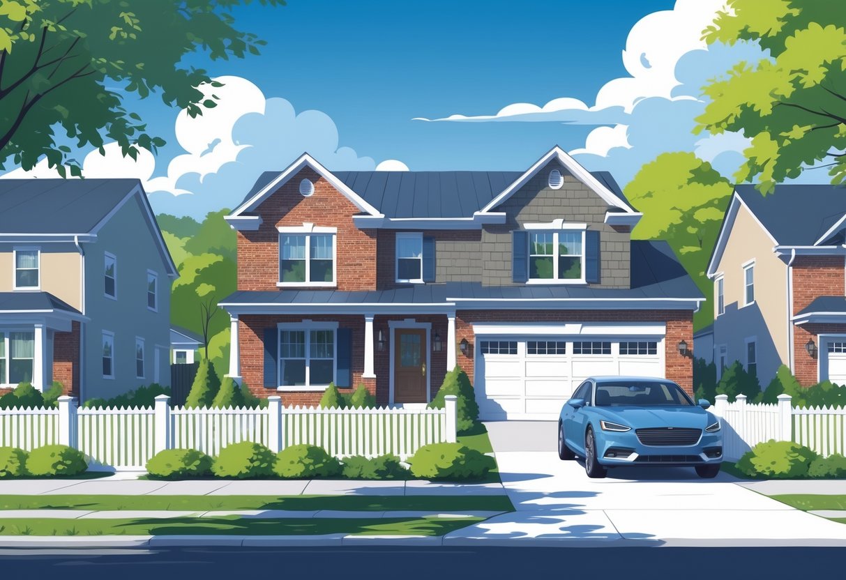 A suburban house with a car parked in the driveway surrounded by trees, representing home and auto insurance in Pennsylvania.