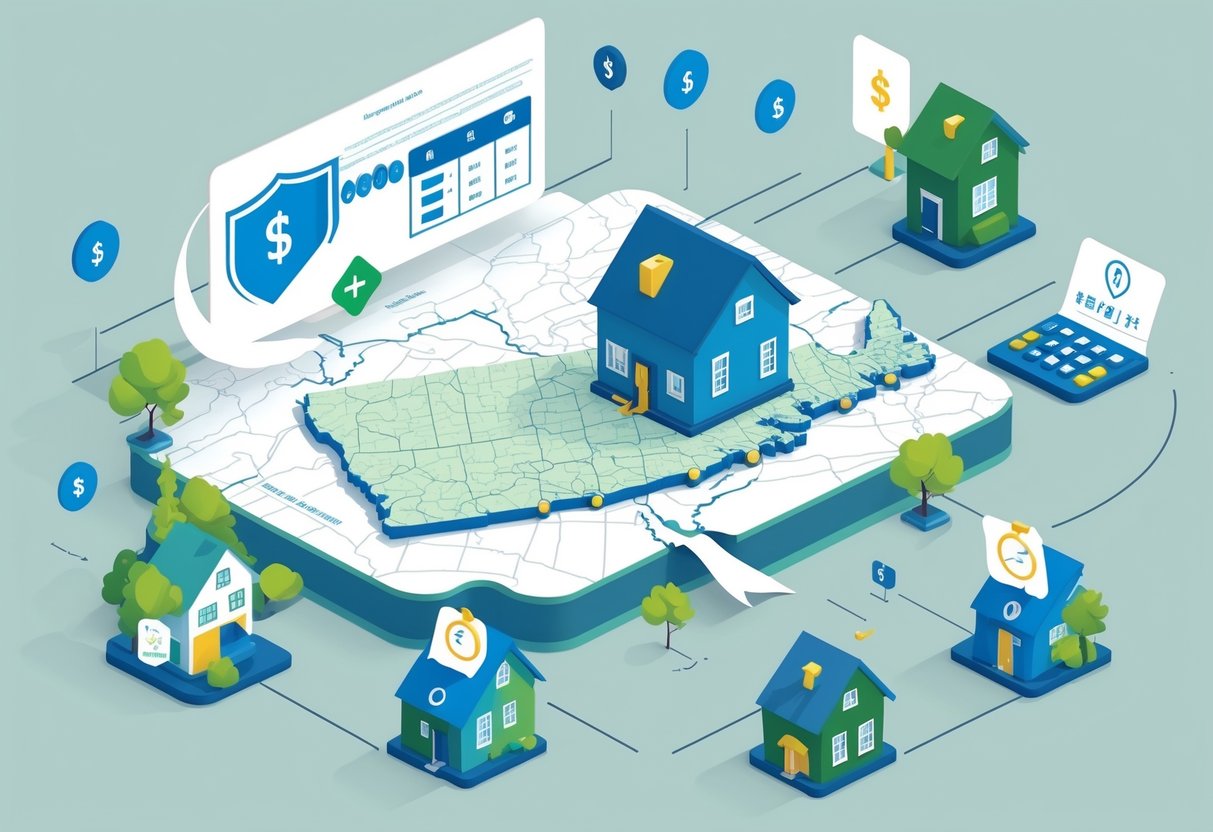 Illustration showing a map of Rhode Island with homes and insurance-related icons representing home insurance comparison.