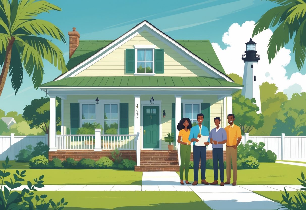 A family stands in front of their suburban home in South Carolina with a palmetto tree and lighthouse in the background, while an insurance agent talks to them, symbolizing home protection.