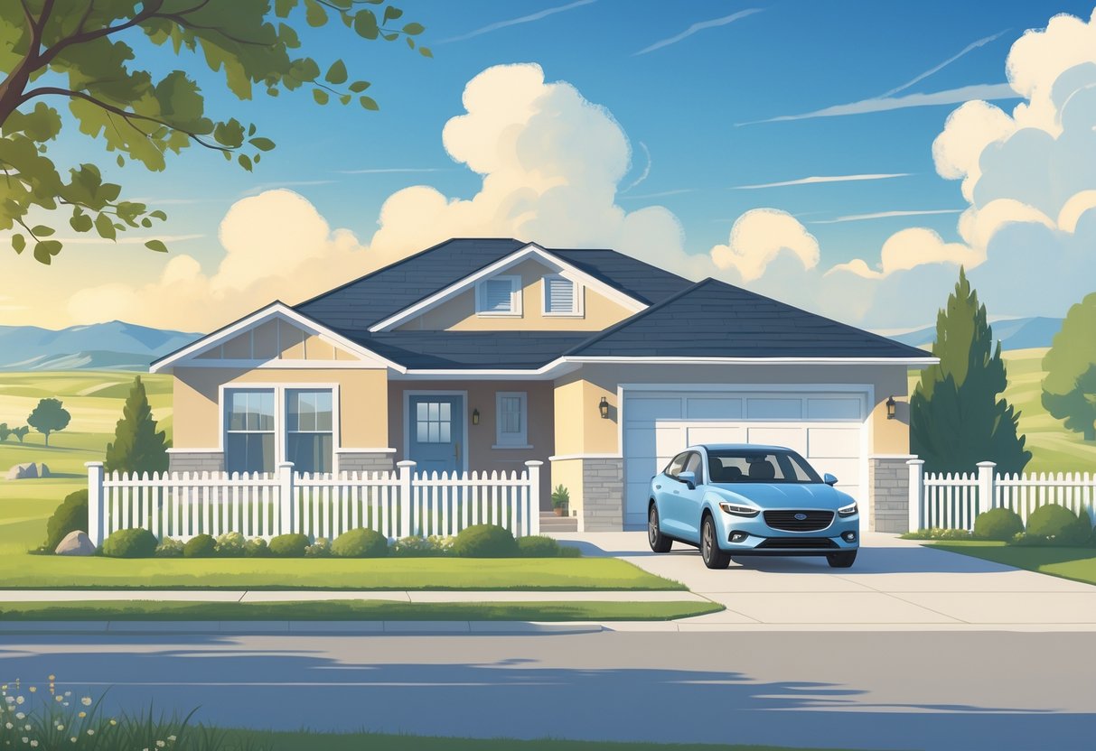 A suburban house with a car parked in the driveway, set in a South Dakota landscape with rolling plains and distant hills.