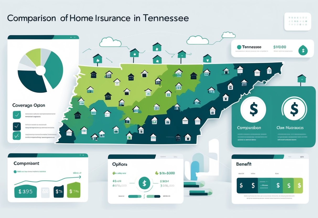 Illustration showing a map of Tennessee with house icons and infographic panels comparing home insurance features and costs.