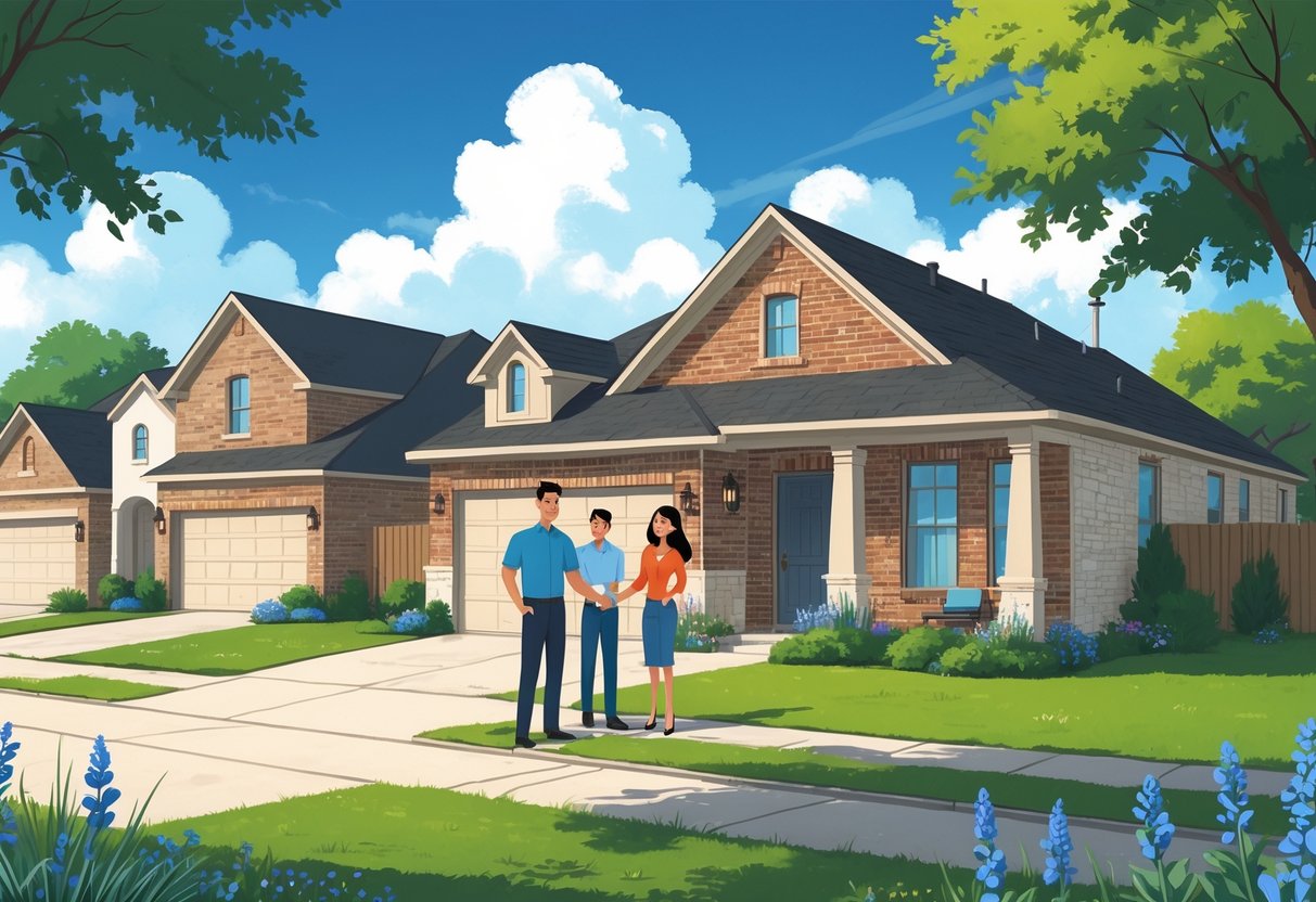 A family standing outside their home in a Texas neighborhood with an insurance agent shaking hands nearby, surrounded by houses and Texas plants.