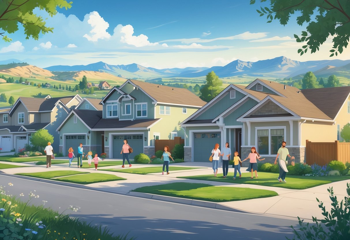 A neighborhood in Utah with houses, mountains in the background, and families outside their homes.