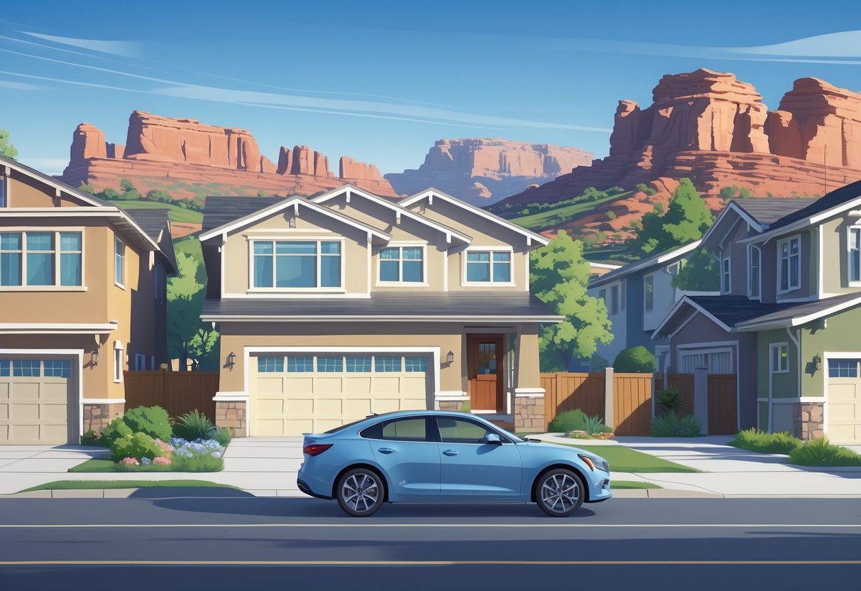 A suburban Utah neighborhood with houses and a car parked in a driveway, with red rock formations visible in the distance.