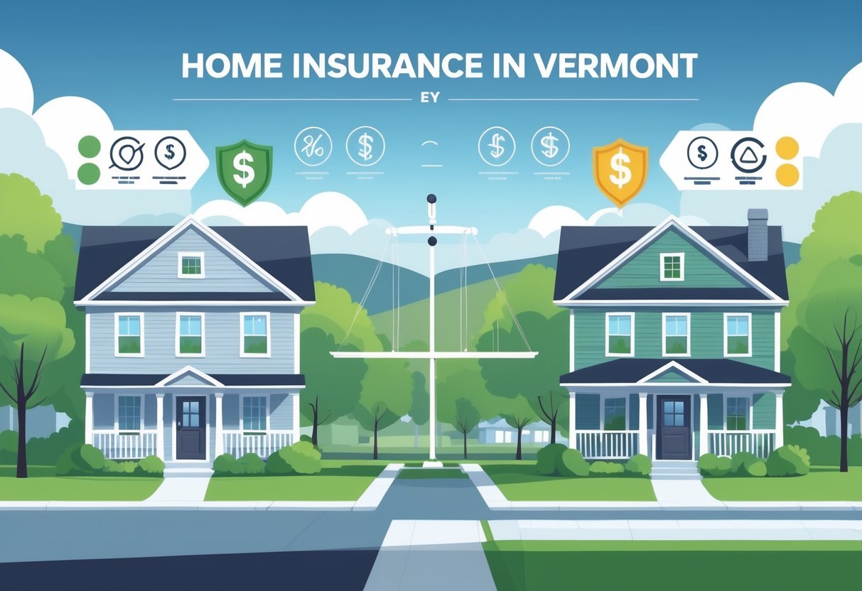 Two houses in a Vermont neighborhood with icons above each representing home insurance features, connected by a balanced scale symbolizing comparison.
