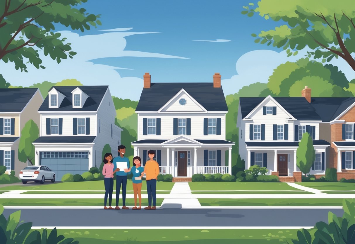 A family standing in front of their home in a Virginia neighborhood with an insurance agent nearby, surrounded by houses and trees.