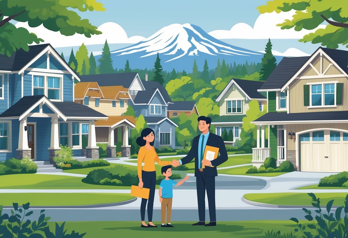 A family shaking hands with an insurance agent in front of their home in a Washington neighborhood with Mount Rainier in the background.