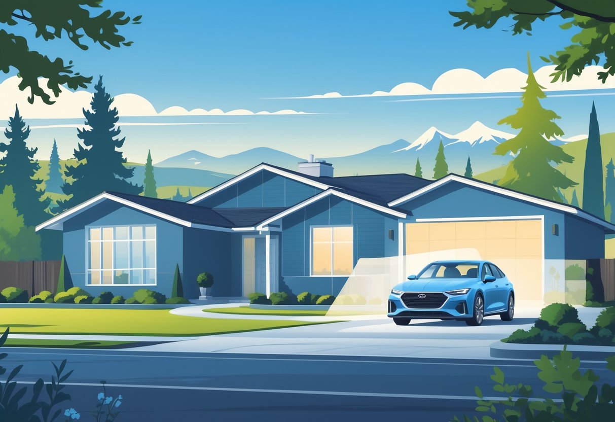 A suburban house with a car parked in the driveway, surrounded by evergreen trees and mountains in the background.