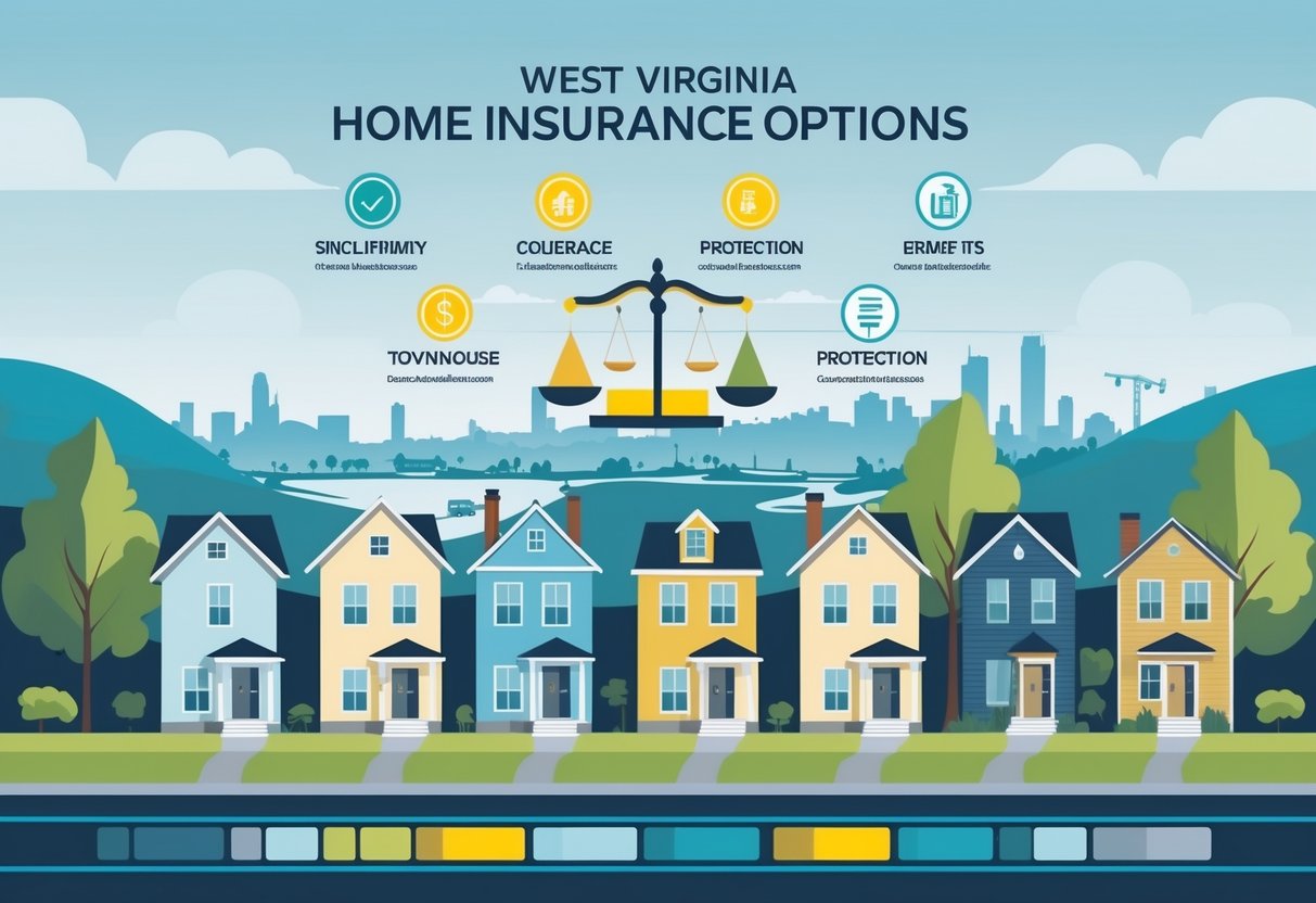 Illustration showing various types of houses in front of a West Virginia map with icons representing home insurance features for comparison.