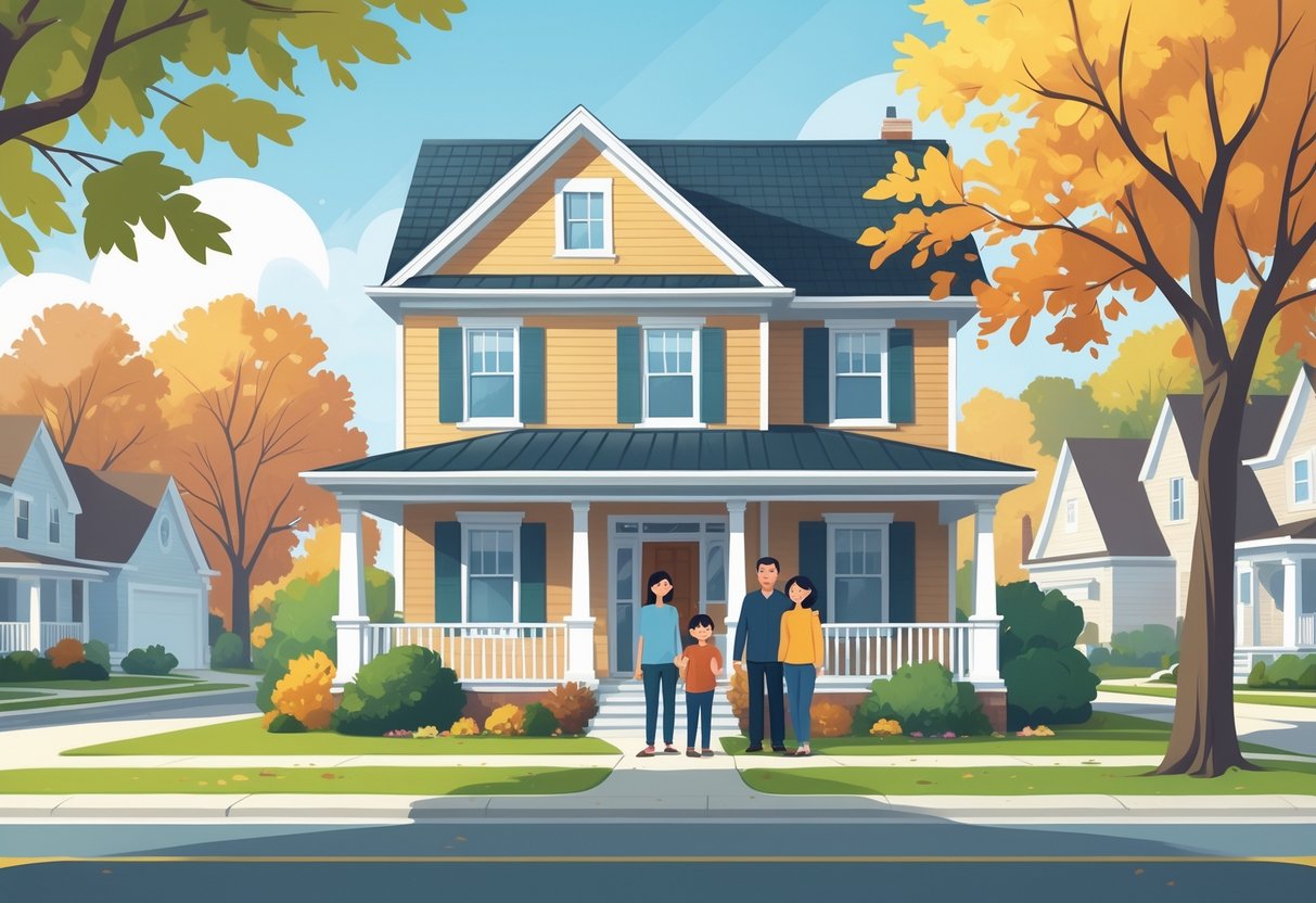 A family of four standing happily in front of their suburban home surrounded by autumn trees in a Wisconsin neighborhood.