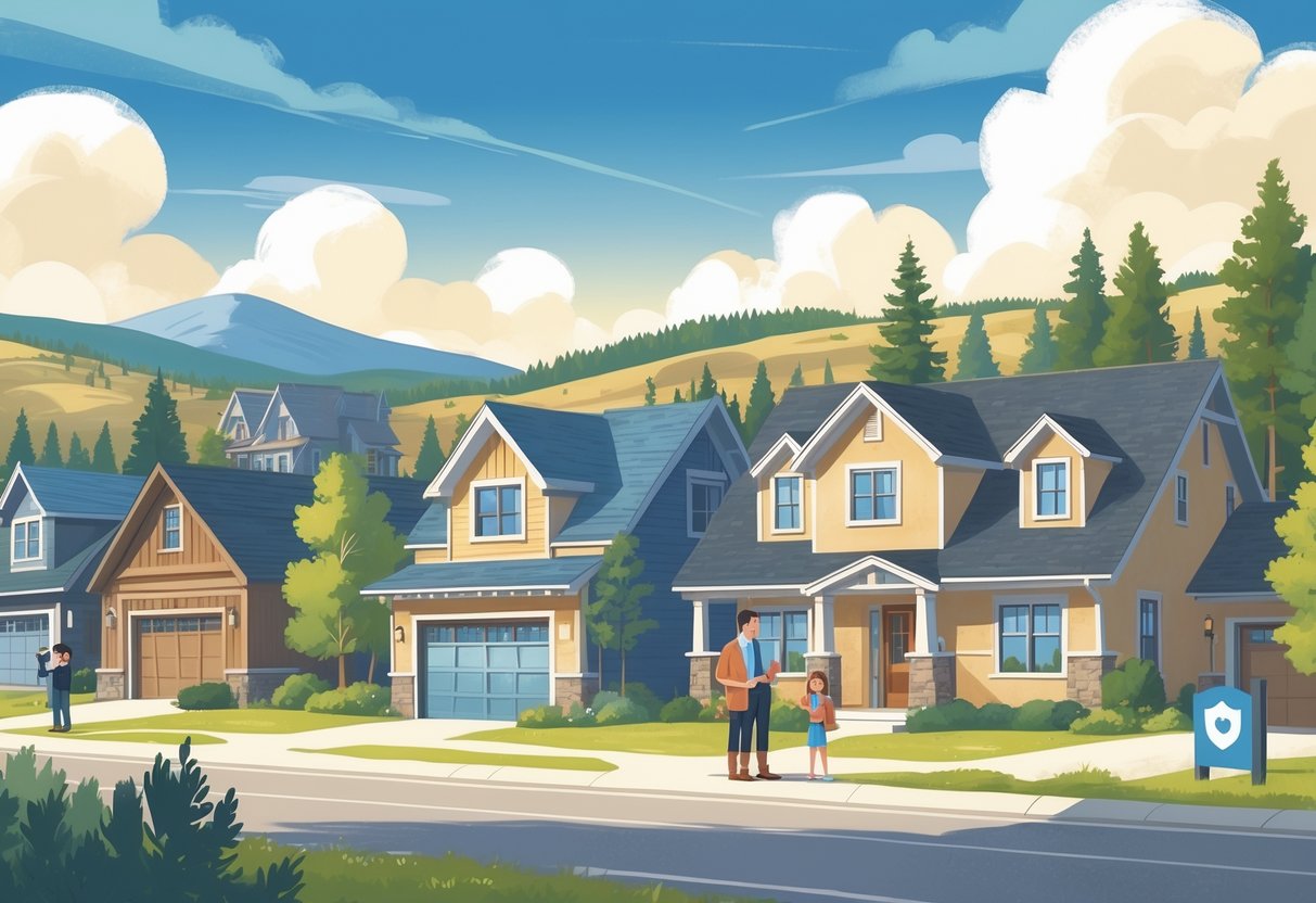 A neighborhood in Wyoming with various homes surrounded by trees and hills, showing an insurance agent talking to a family outside their house.