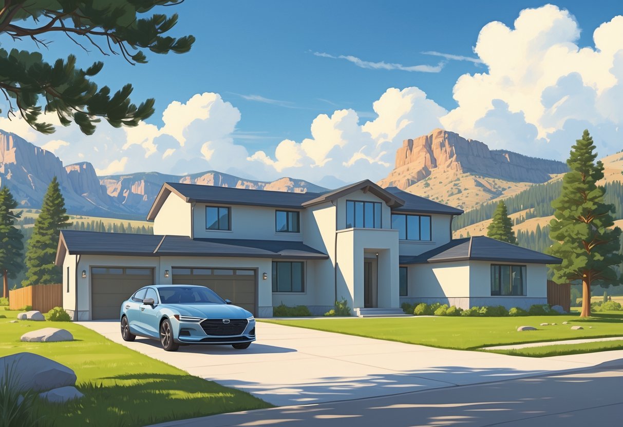A modern house with a car in the driveway set against Wyoming mountains and pine trees under a clear sky.