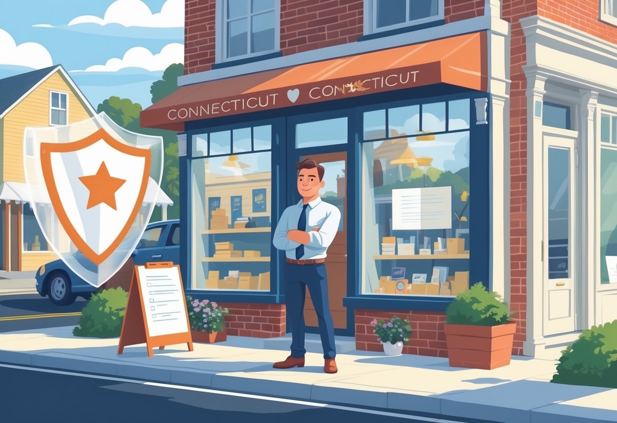 A small business owner standing confidently in front of their shop with a Connecticut flag in the background and a protective shield symbol around the building.