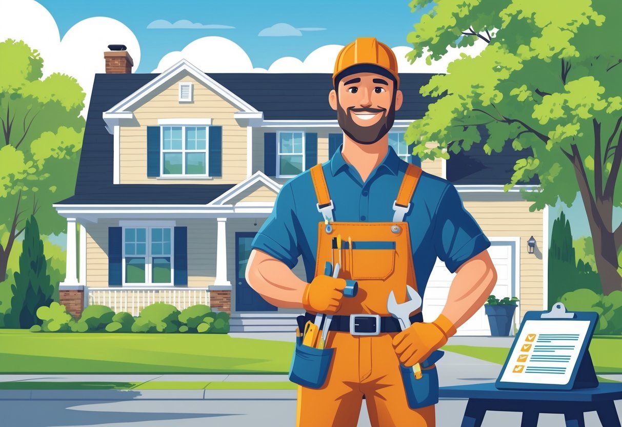 A handyman wearing a tool belt stands in front of a suburban house with a clipboard and calculator nearby.