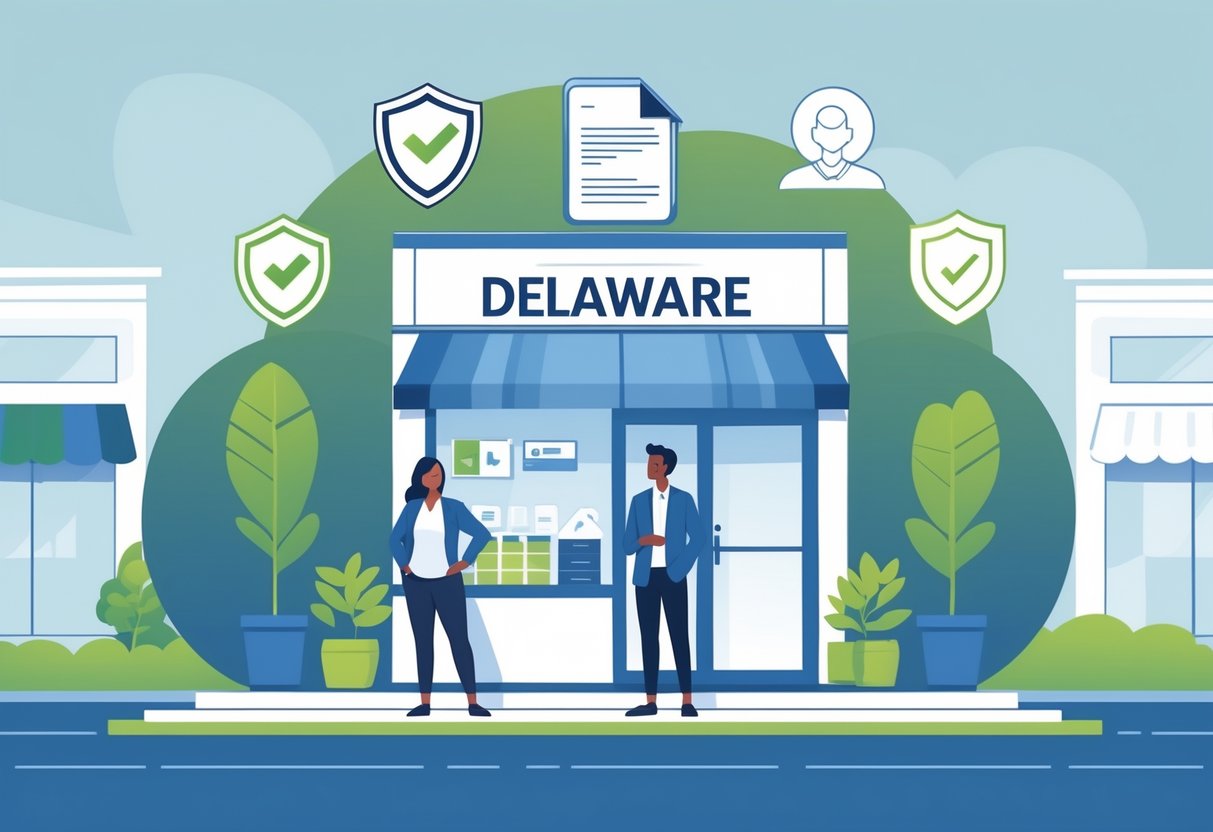 A small business storefront in Delaware with the owner standing outside, surrounded by icons symbolizing protection and security.