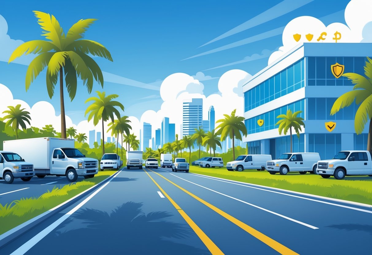 A scene showing commercial vehicles driving on a Florida highway with palm trees and a city skyline, alongside an insurance agent reviewing documents near an office building.