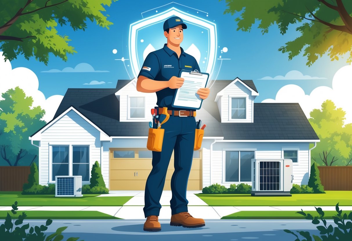 An HVAC contractor standing confidently in front of a house with HVAC equipment, with symbols representing insurance and protection around them.