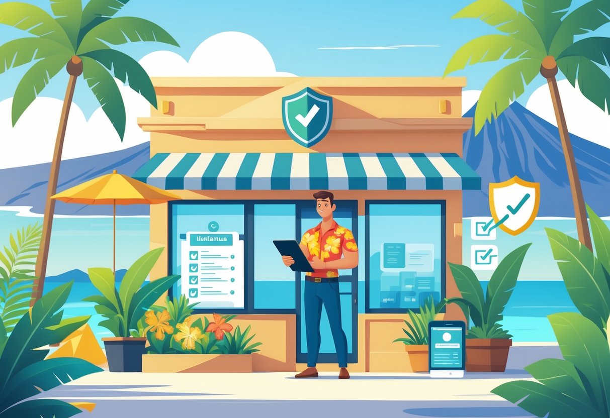 A small business owner stands outside their Hawaiian storefront with tropical plants and palm trees, holding a tablet, surrounded by icons representing protection and security.