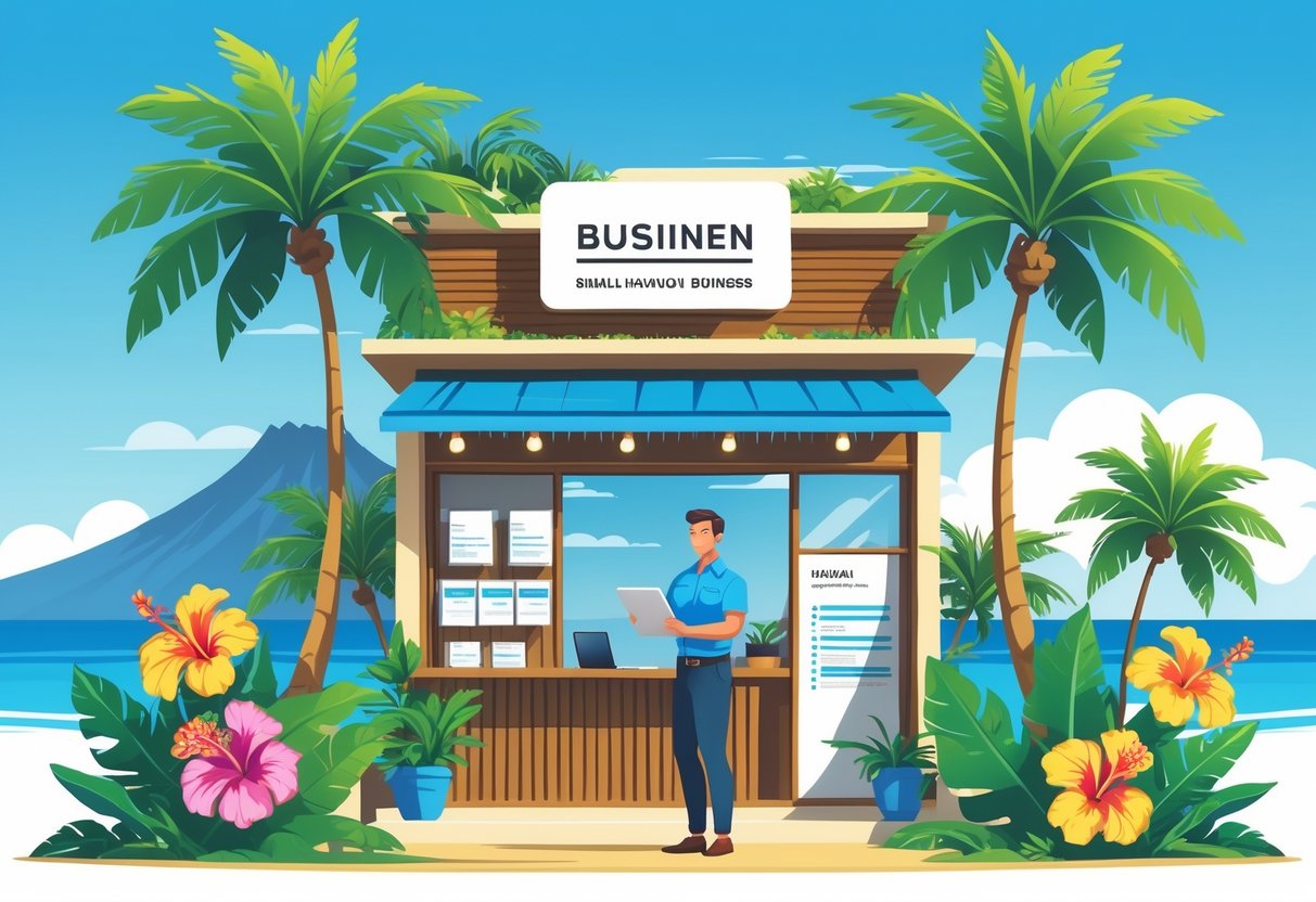 A self-employed business owner reviewing documents outside a small Hawaiian storefront with palm trees and mountains in the background.