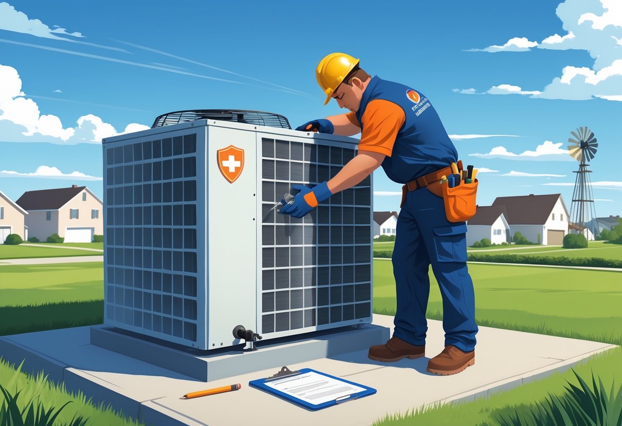 An HVAC contractor in safety gear working on a rooftop air conditioning unit in a suburban Kansas neighborhood with insurance documents on a nearby workbench.