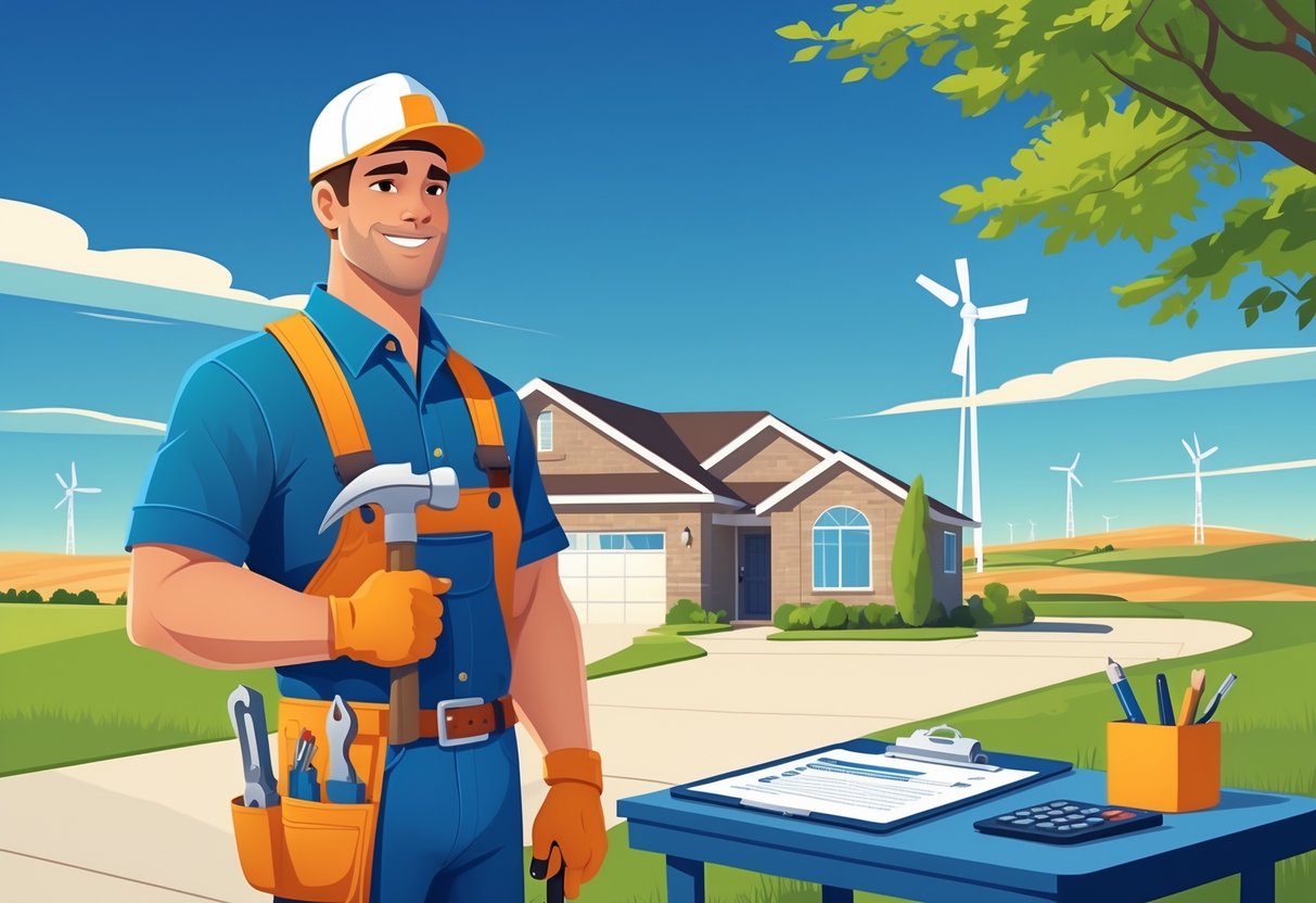 A handyman standing in front of a suburban house with tools and paperwork nearby, with Kansas plains and windmills in the background.