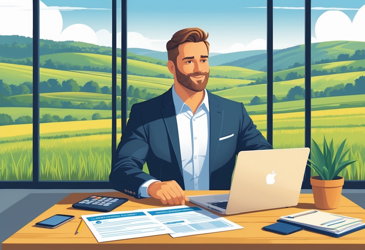 A self-employed business owner in Kentucky reviewing insurance documents at a desk with a view of rolling hills outside the window.