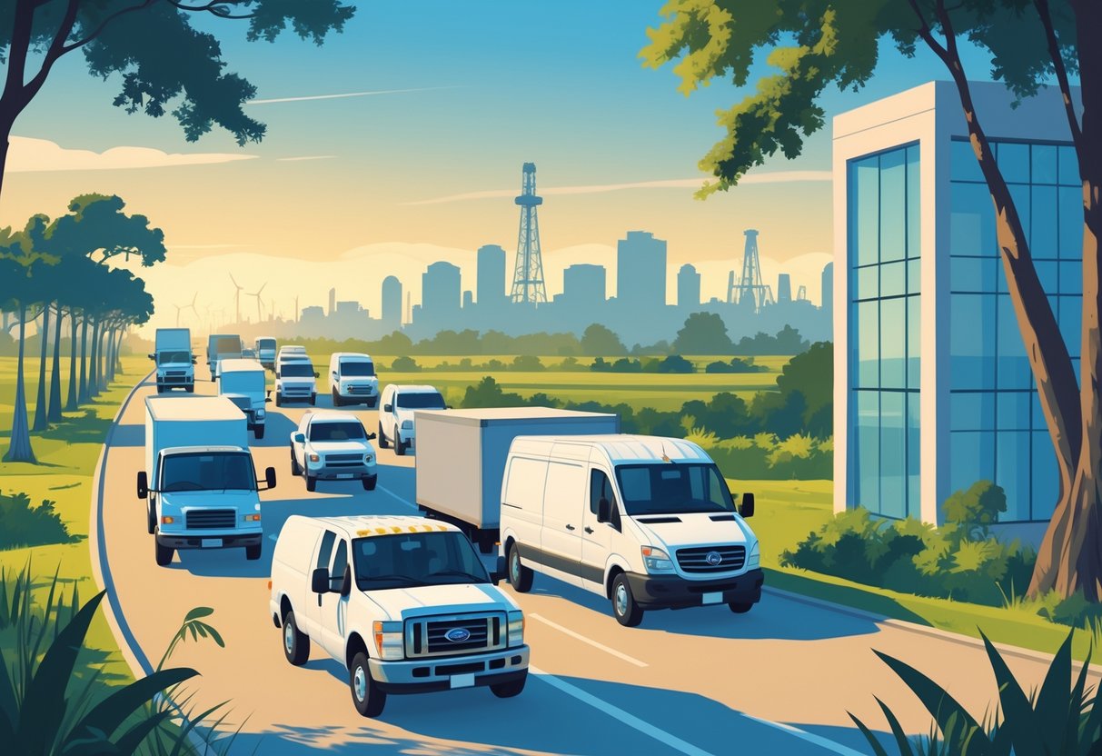 A variety of commercial vehicles driving on a highway through a Louisiana bayou landscape with cypress trees, an insurance agent reviewing documents near an office building, and distant New Orleans-style buildings and an oil rig in the background.
