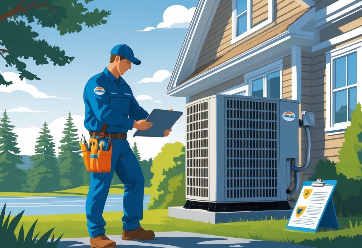 An HVAC technician working on an outdoor unit outside a New England style house with pine trees in the background.