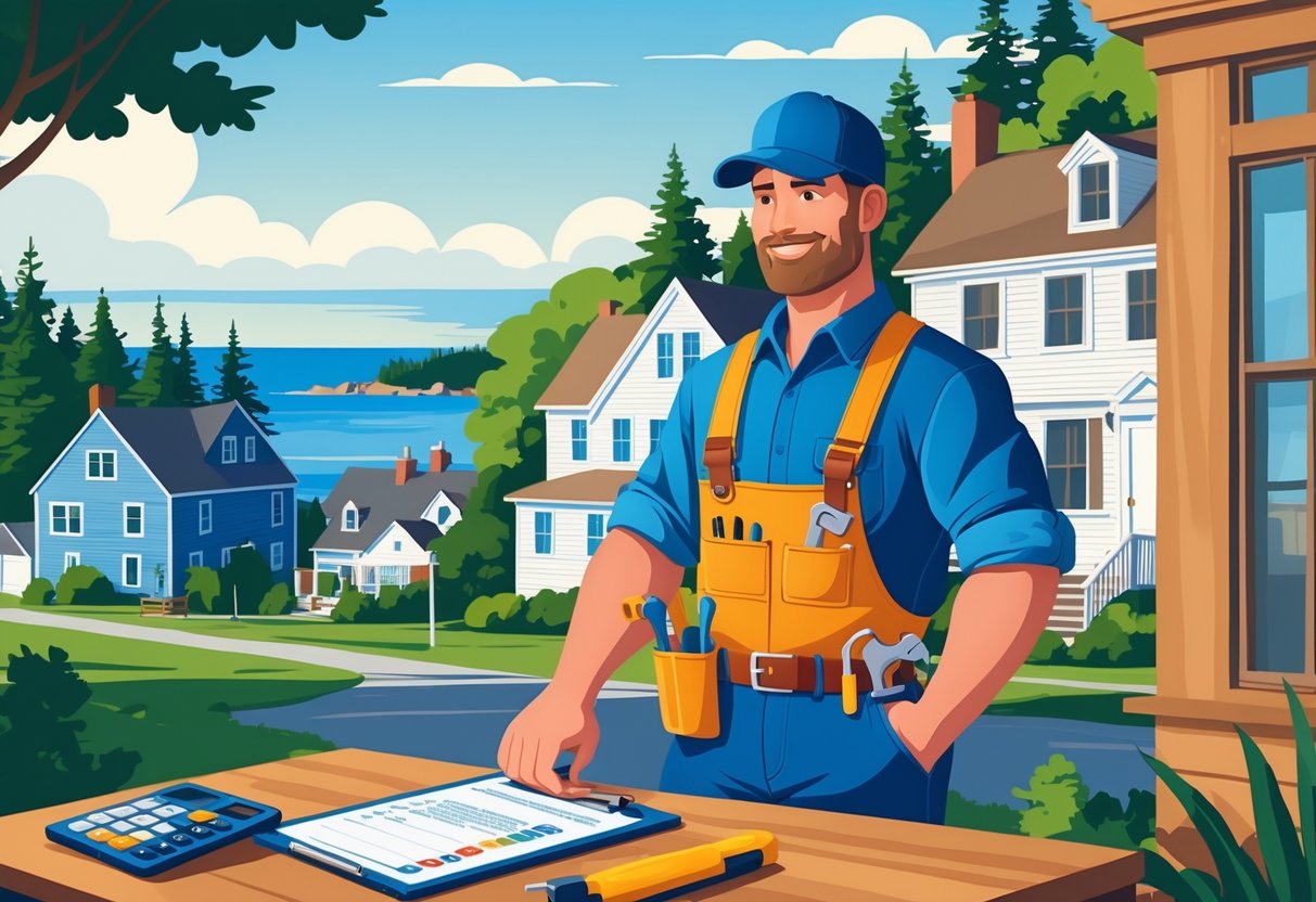 A handyman standing outdoors near houses and pine trees with a clipboard and calculator on a table nearby.
