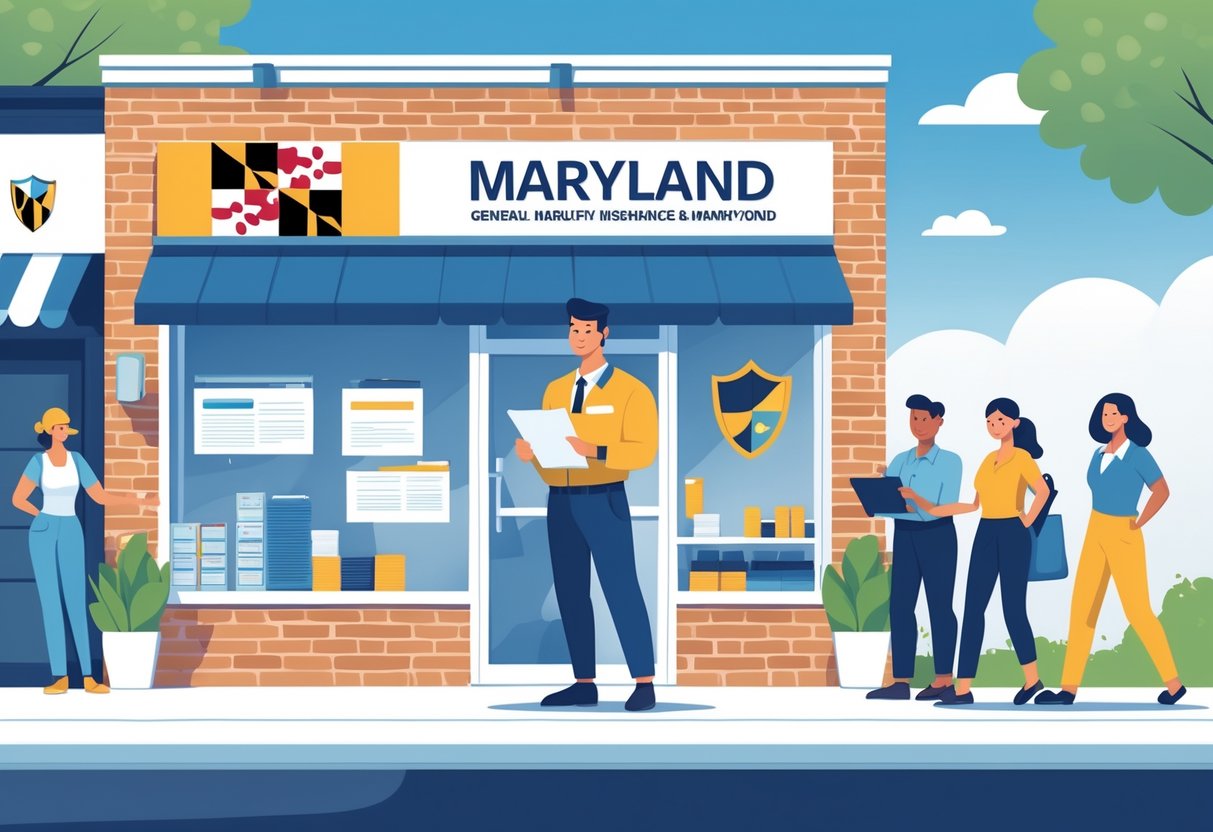 A small business owner standing outside their shop in Maryland, reviewing insurance documents with customers nearby.