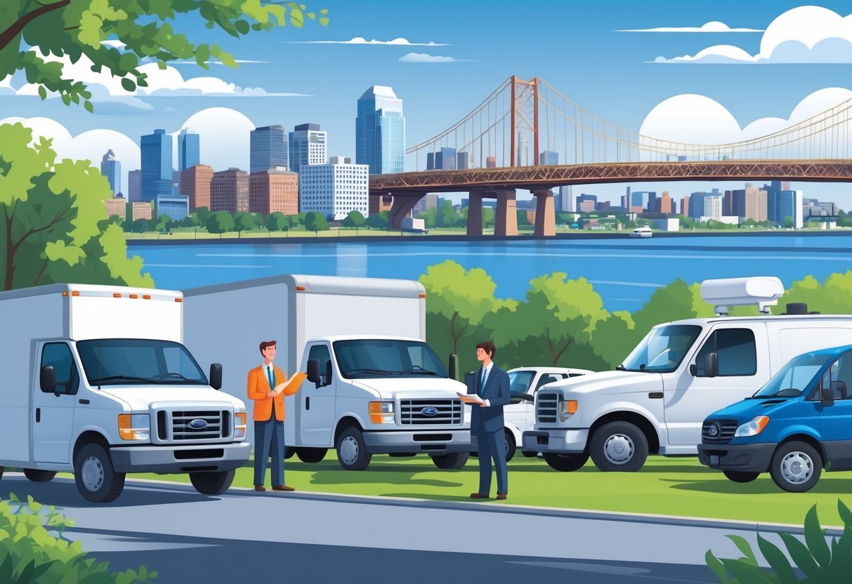 A business owner and an insurance agent standing near commercial vehicles with the Boston skyline and Zakim Bridge in the background.