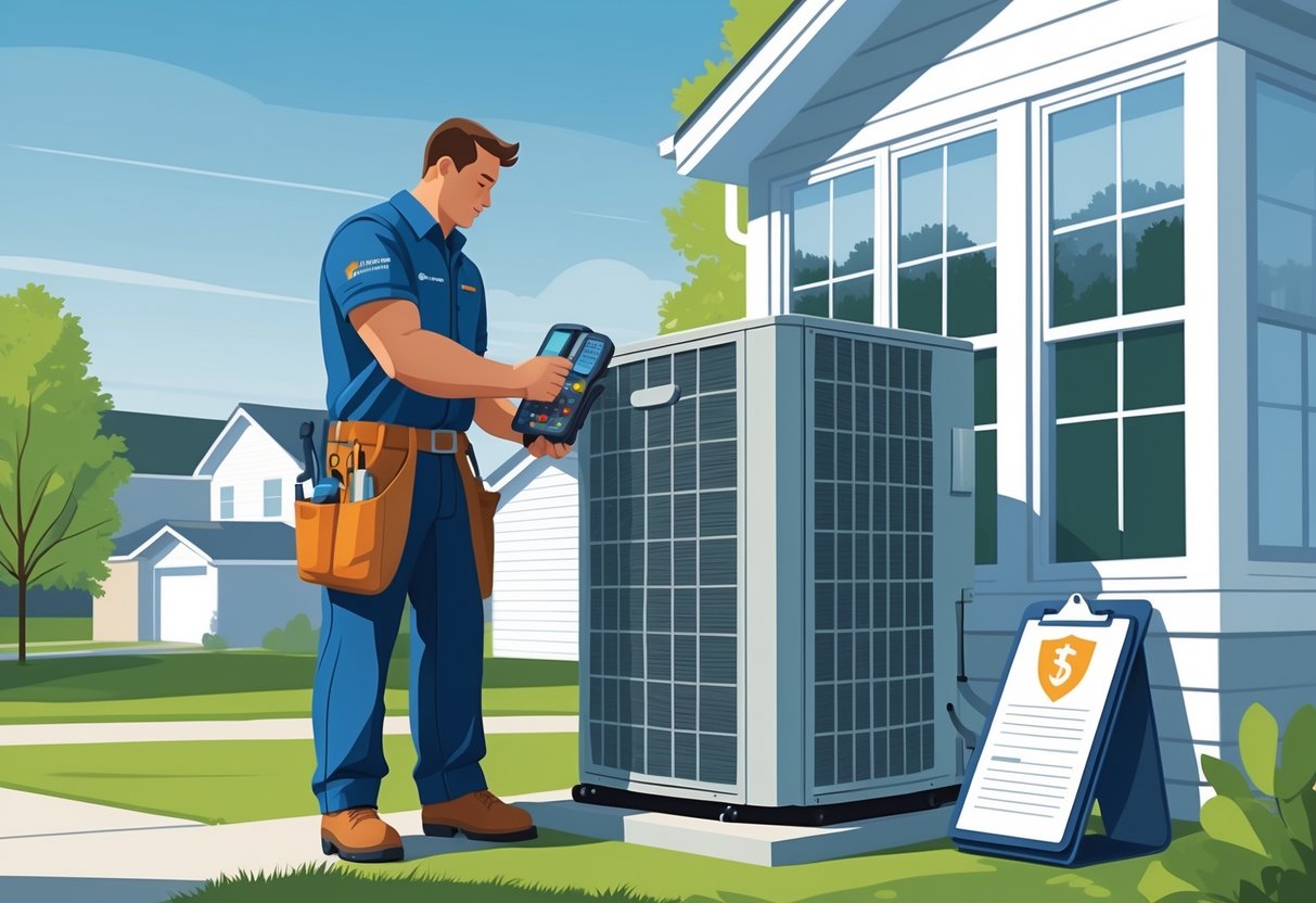 An HVAC contractor inspecting an air conditioning unit outside a house with insurance documents and a shield symbol nearby.