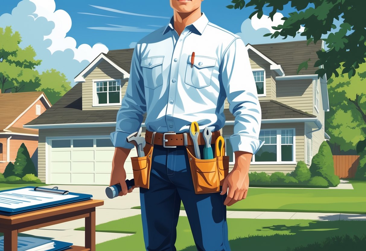 A handyman standing in front of a house in a Michigan neighborhood with tools and insurance documents nearby.
