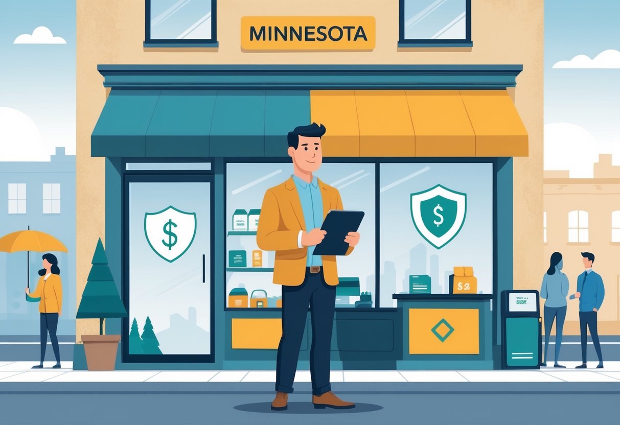 A small business owner stands confidently outside their Minnesota storefront with symbols of protection like a shield and umbrella surrounding the store.