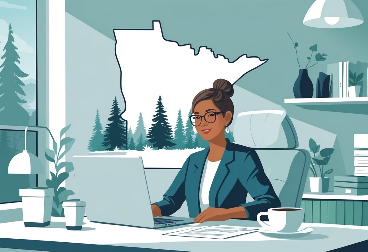 A self-employed person working at a desk in a home office with a laptop and paperwork, with an outline of Minnesota and natural elements in the background.