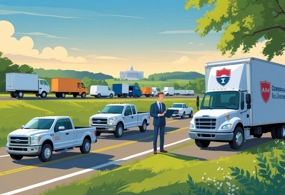 A business owner and insurance agent standing next to a commercial truck on a highway with Mississippi landscapes and the state capitol building in the background.