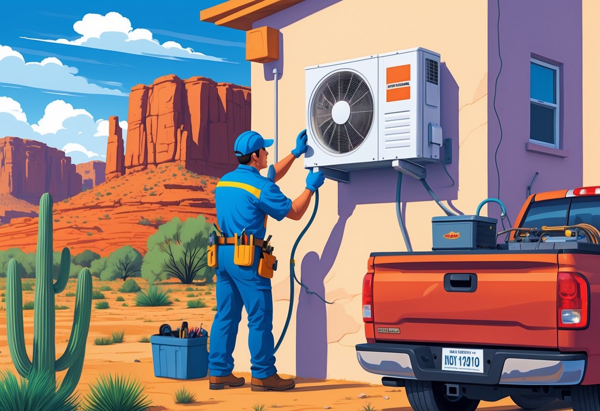An HVAC technician servicing an outdoor unit near a house with New Mexico desert landscape in the background.