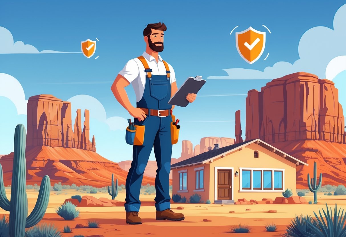 A handyman holding a clipboard stands in front of a small house with a New Mexico desert landscape in the background.