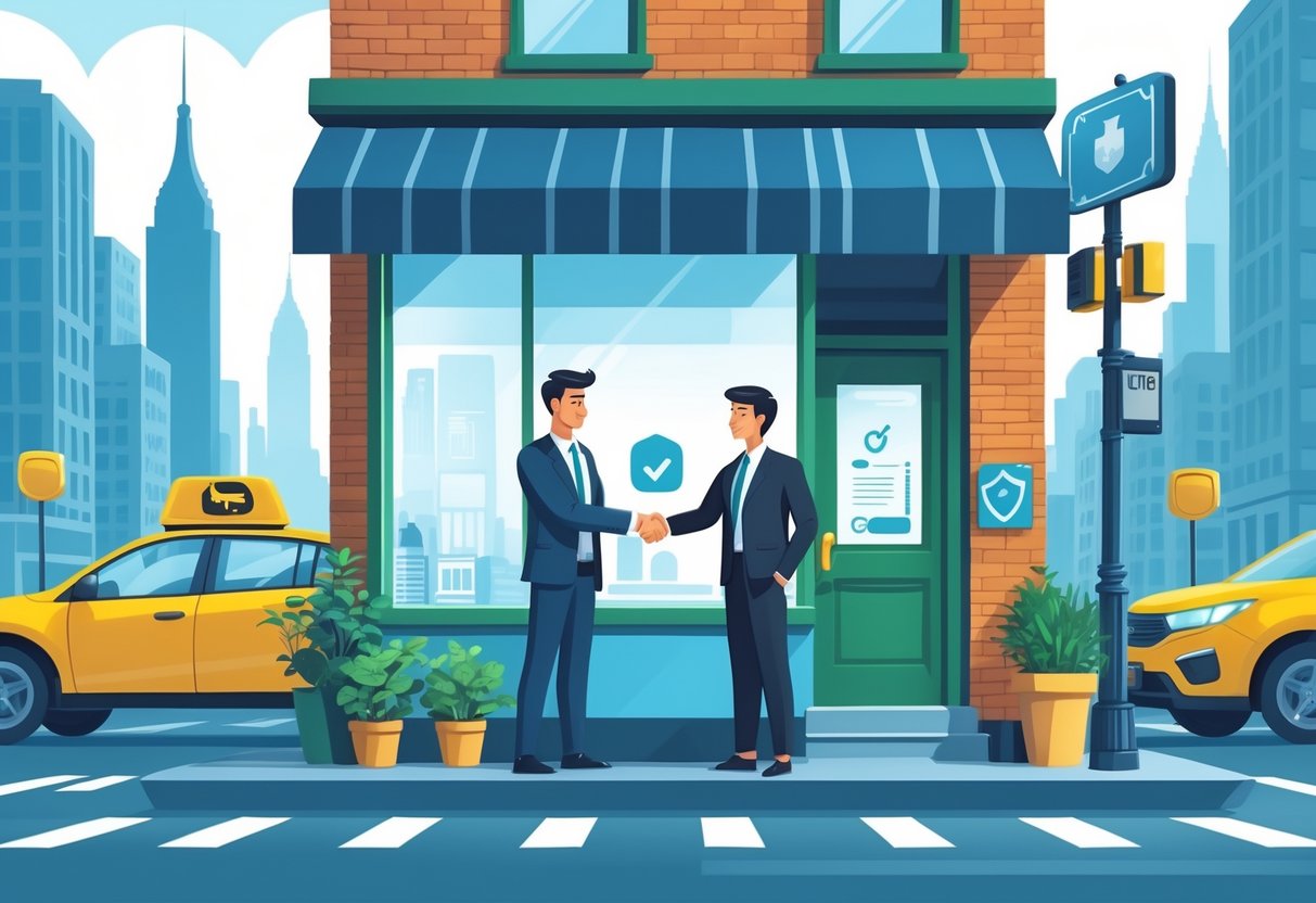 A small business owner shaking hands with an insurance agent outside a storefront on a busy New York street with taxis and tall buildings in the background.