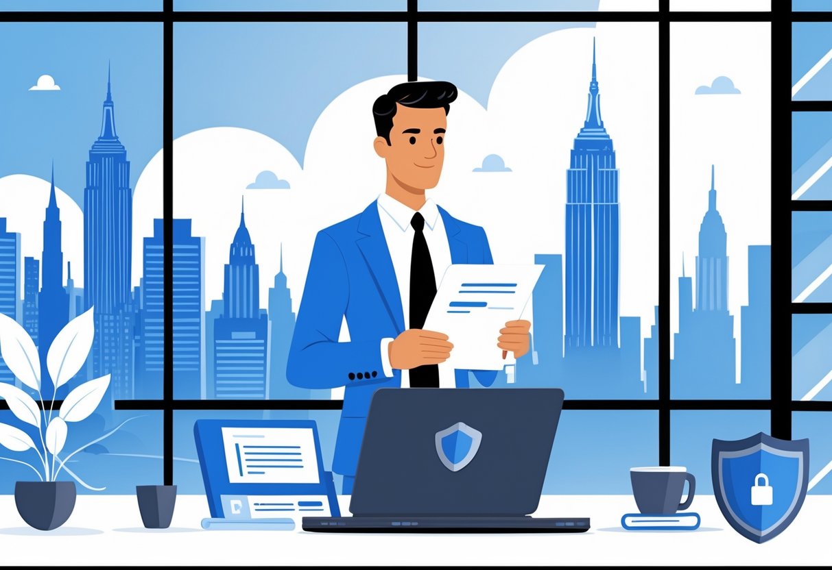 A self-employed business owner in a modern office with a view of the New York City skyline, reviewing insurance documents at a desk.