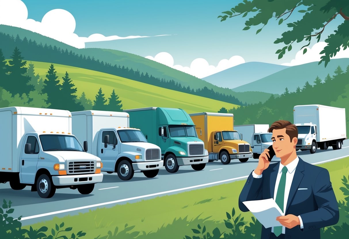 A fleet of commercial vehicles driving on a highway in a green, hilly landscape with a person reviewing documents and a map outline of North Carolina in the background.