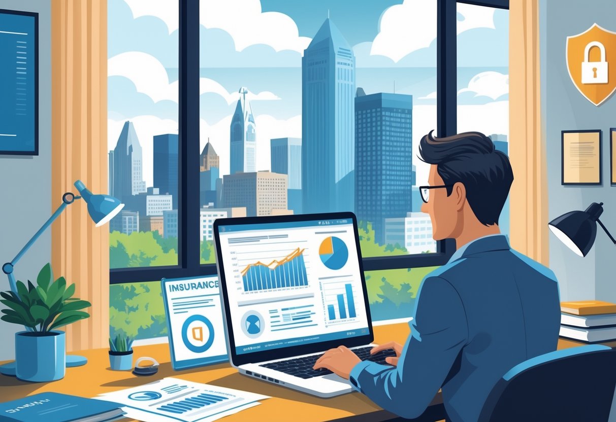 A self-employed person in an office reviewing insurance documents with a laptop, with an Ohio city skyline visible through the window.