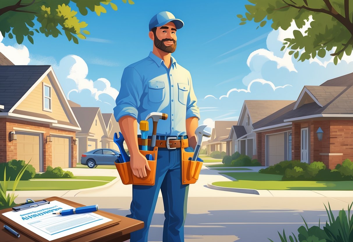A handyman wearing a tool belt stands outside in a neighborhood with houses, next to a table holding insurance documents and a pen.