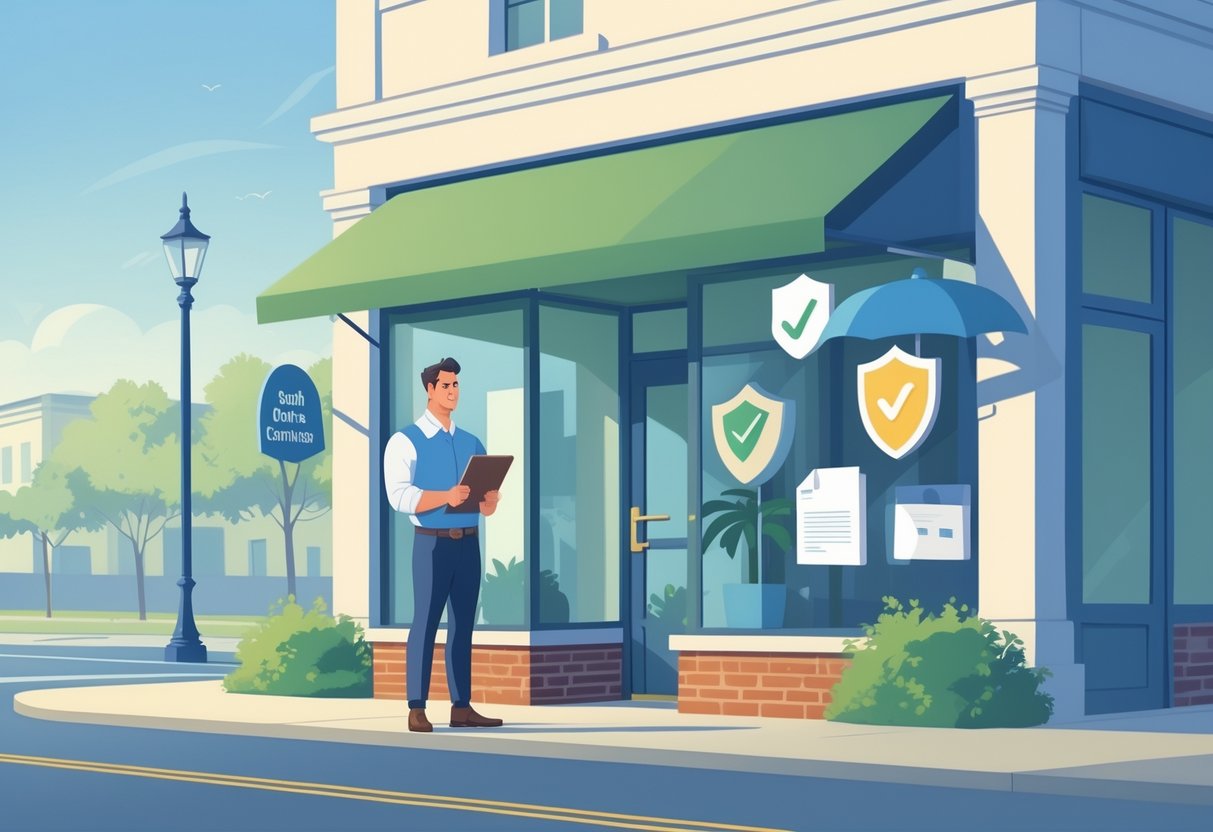 A small business owner stands confidently outside their South Carolina storefront with symbols of protection like a shield and umbrella surrounding them.